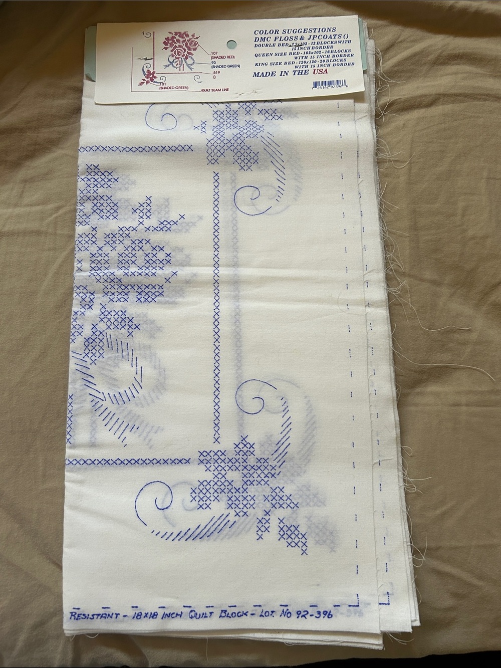 Quilting Tyme Embroidery Panel - Blue Floral Cross Stitch on Cream - Picture 2 of 5